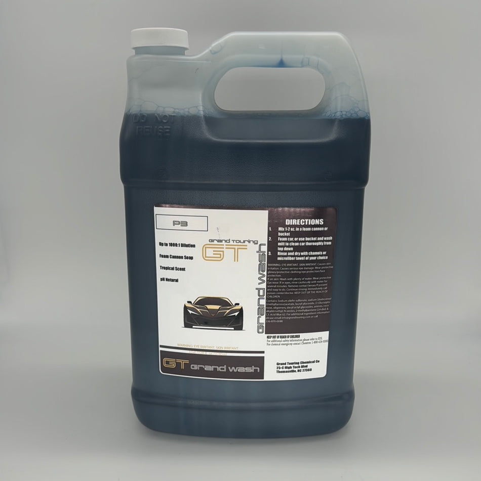 1 gallon jug of Grand Touring Grand Wash, concentrated car wash soap, dark blue