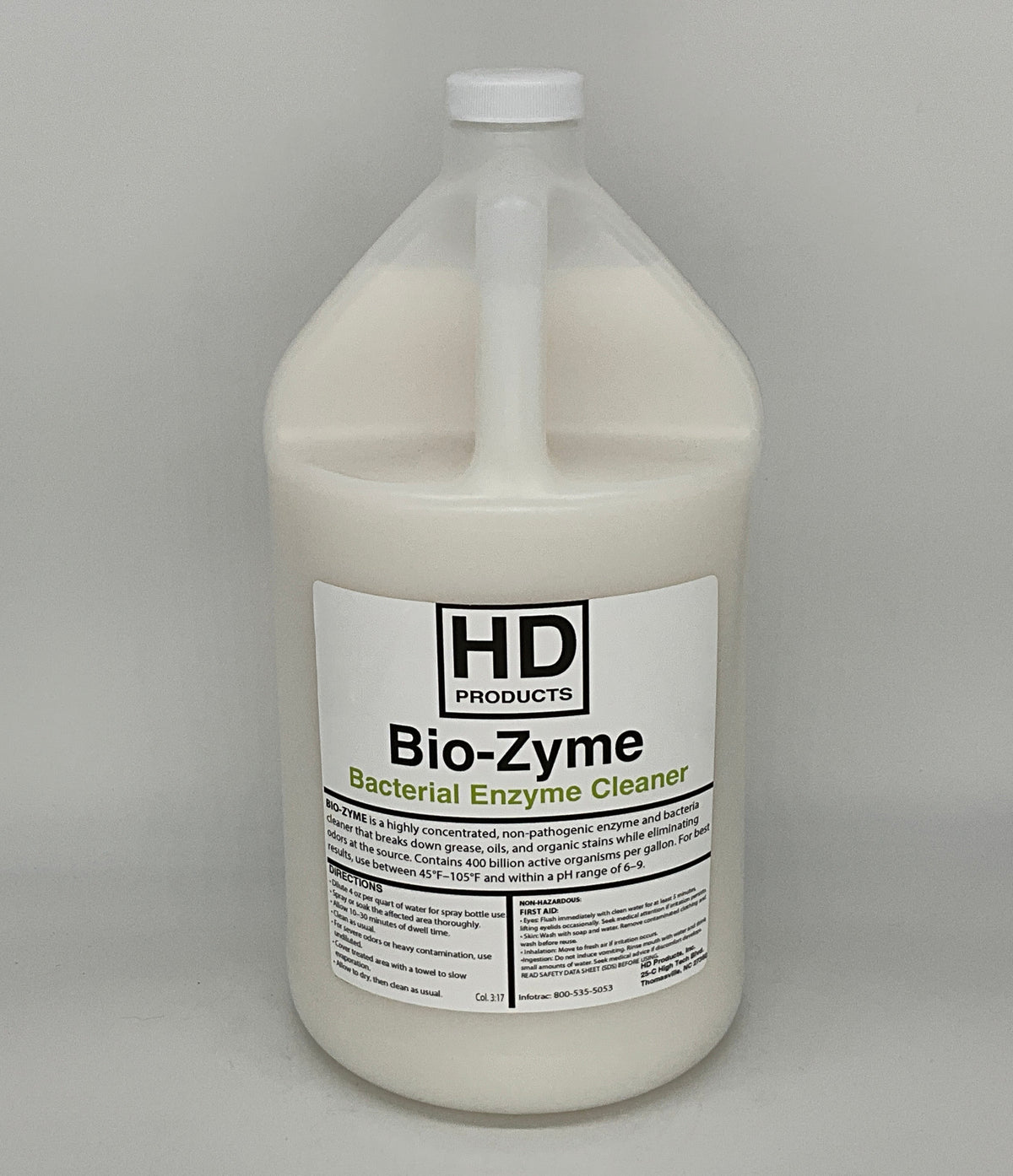 Gallon container of HD Products Bio-Zyme Bacterial Enzyme Cleaner on a gray background
