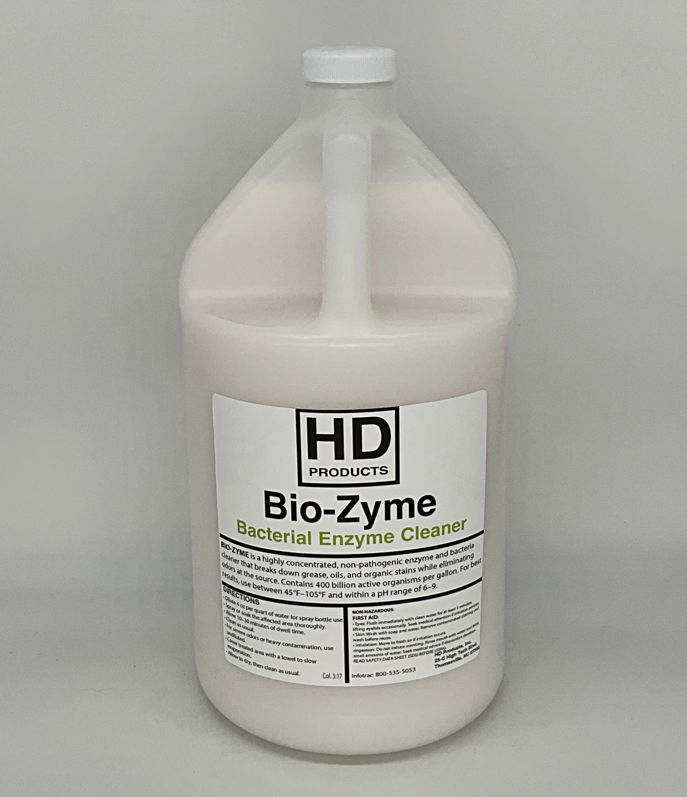 Gallon container of HD Products Bio-Zyme Bacterial Enzyme Cleaner on a gray background