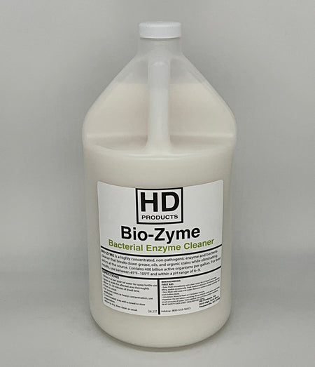 Gallon container of HD Products Bio-Zyme Bacterial Enzyme Cleaner on a gray background