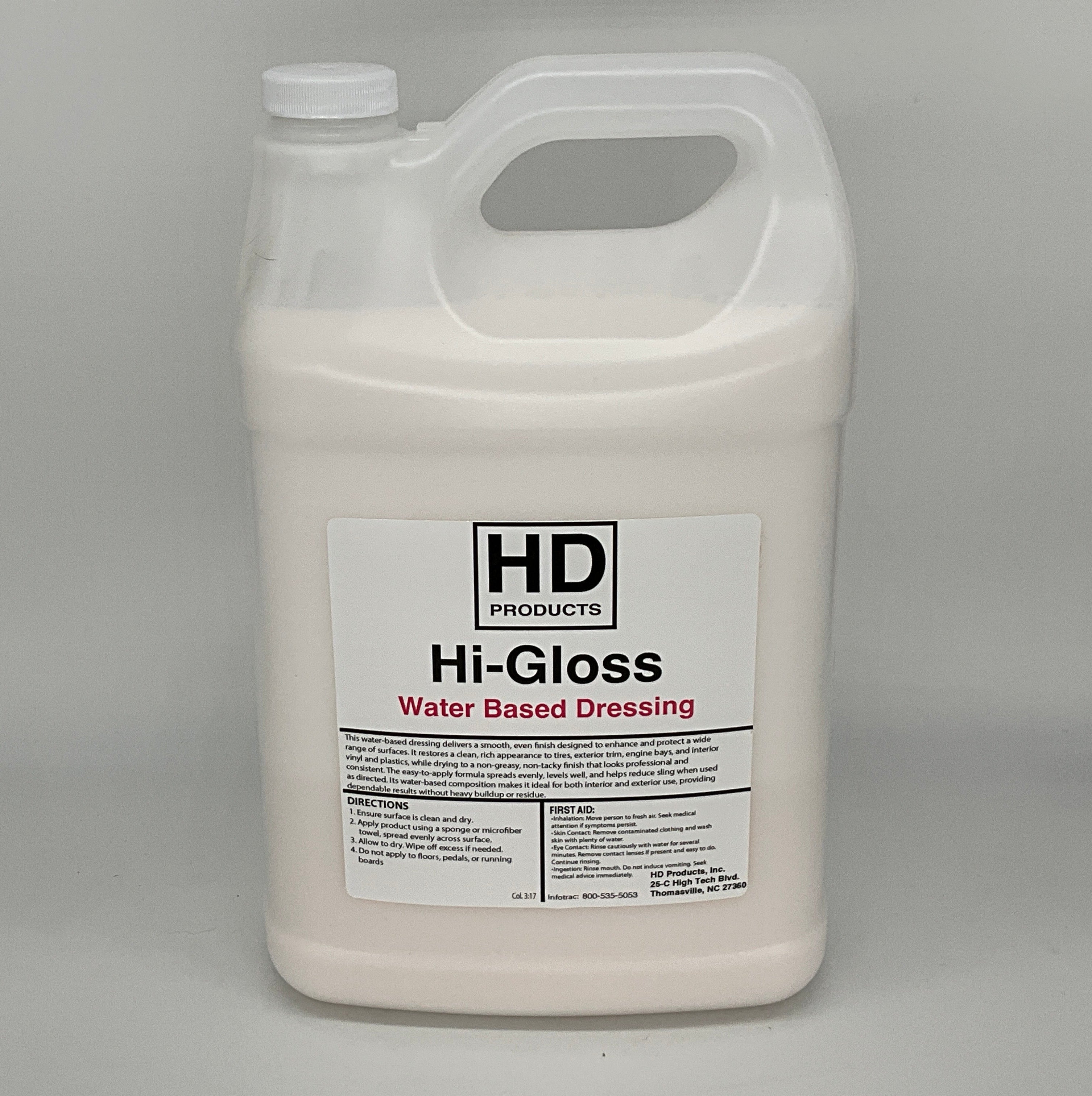 1 gallon HD Products Hi-Gloss water-based dressing container on a gray background