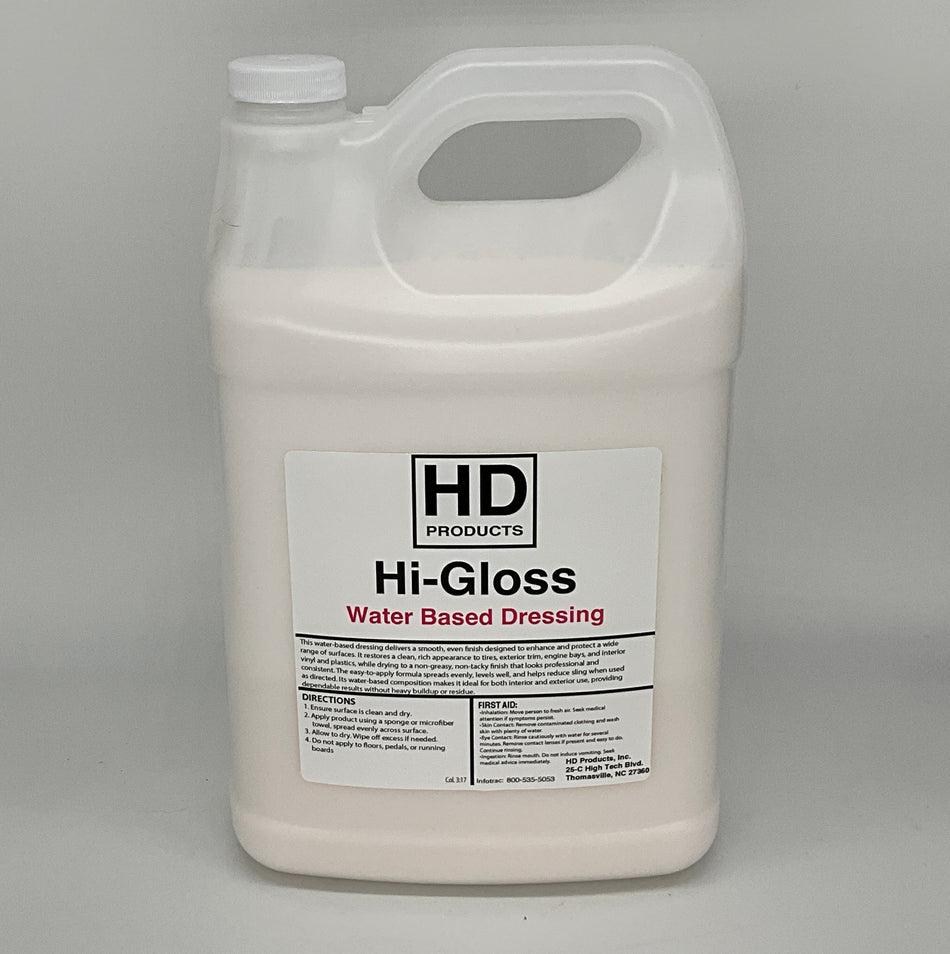 1 gallon HD Products Hi-Gloss water-based dressing container on a gray background