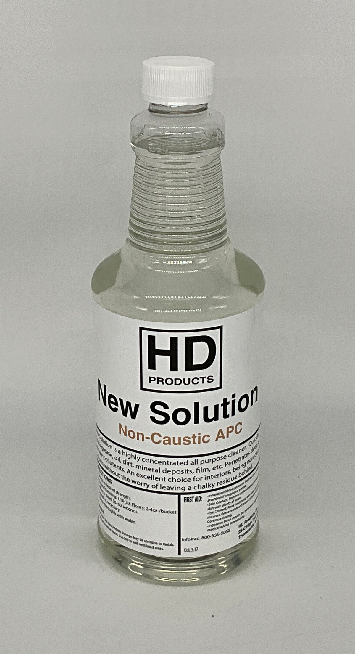 Clear 32oz bottle with a white cap labeled 'HD Products New Solution Non-Caustic APC' on a gray background
