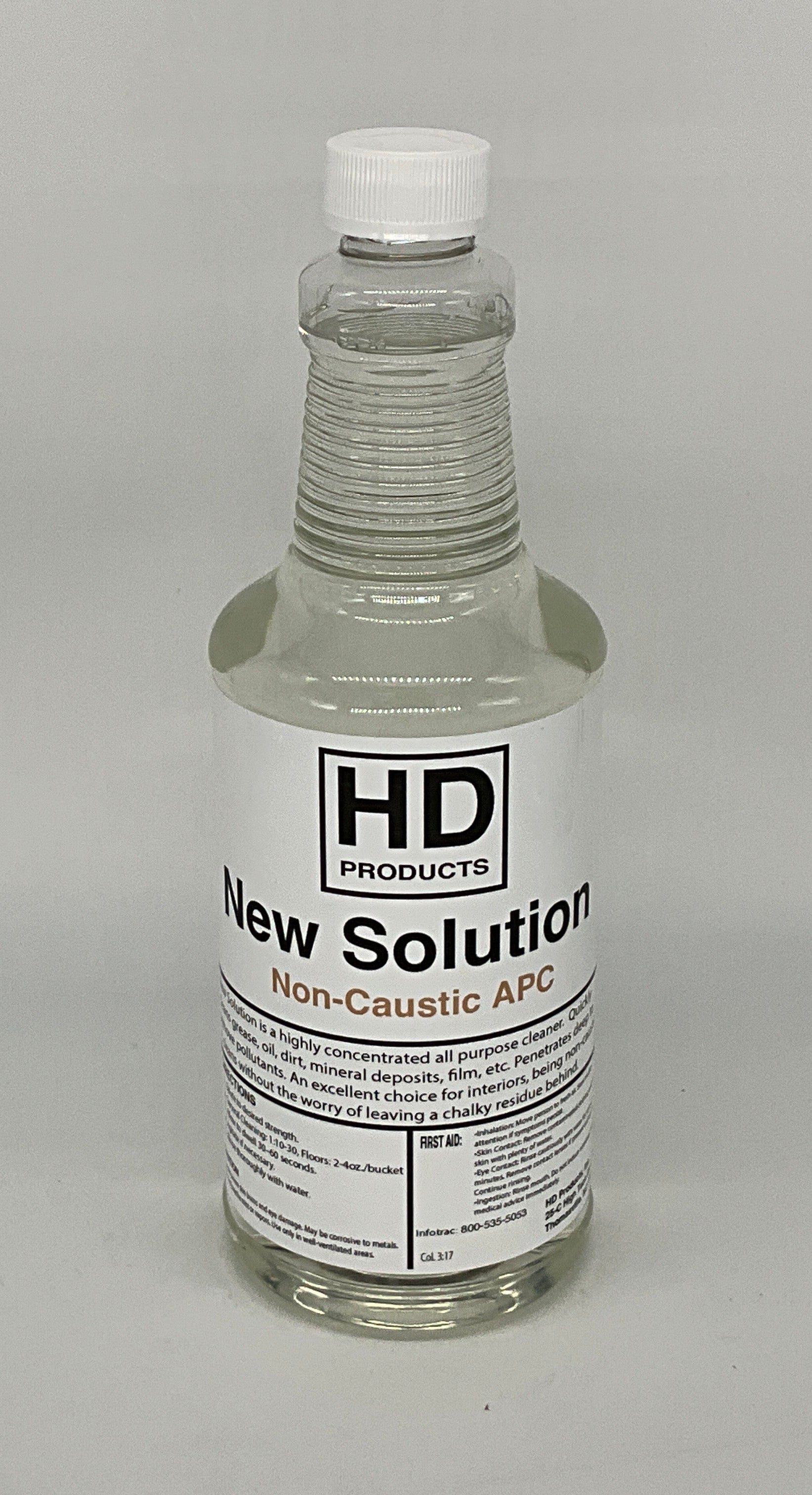 Clear 32oz bottle with a white cap labeled 'HD Products New Solution Non-Caustic APC' on a gray background