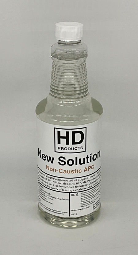 Clear 32oz bottle with a white cap labeled 'HD Products New Solution Non-Caustic APC' on a gray background