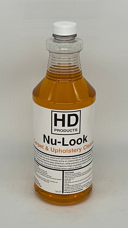 32oz Bottle of HD Products Nu-Look carpet and upholstery cleaner on a gray background