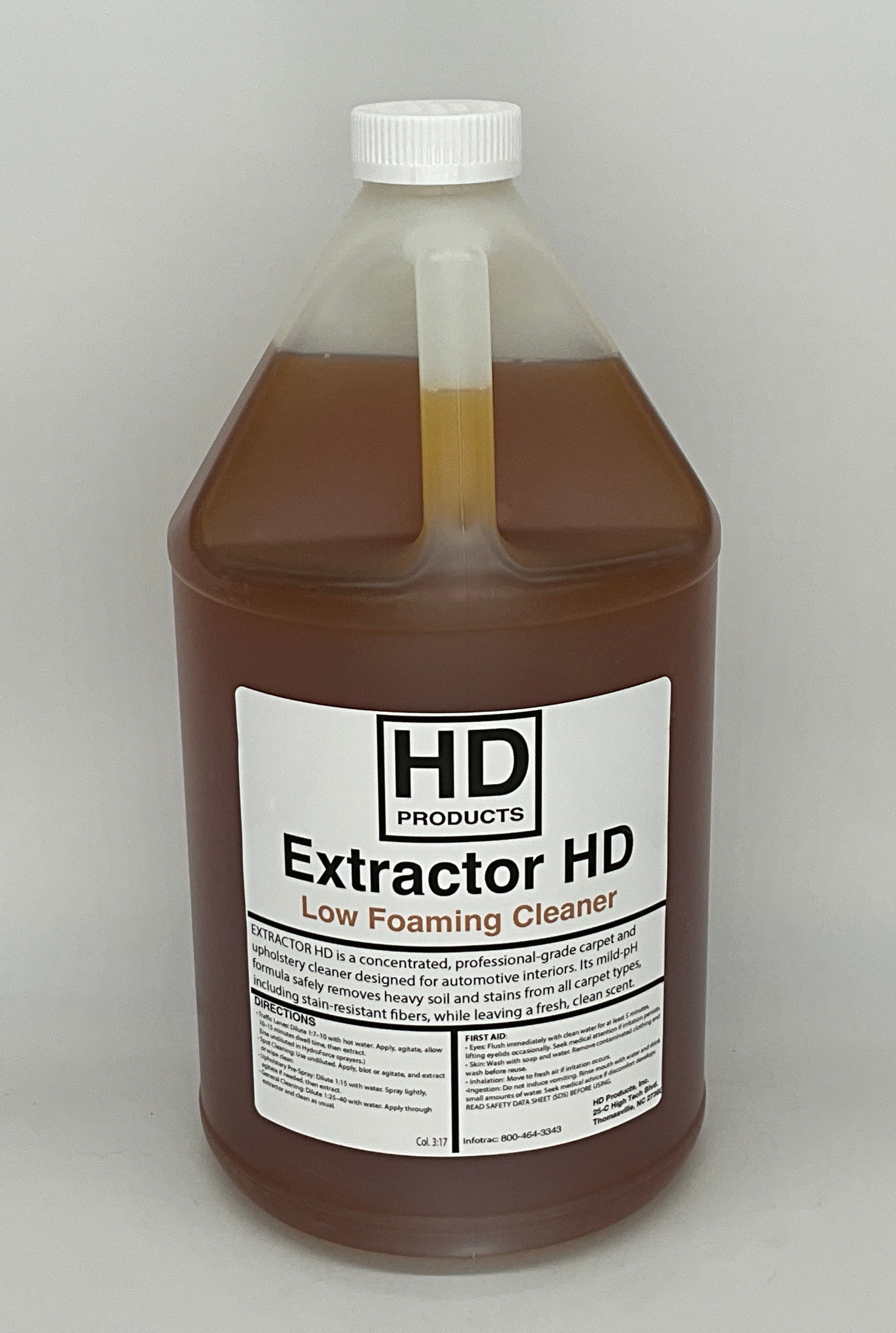 1 gallon bottle of HD Extractor HD cleaning solution on a gray background