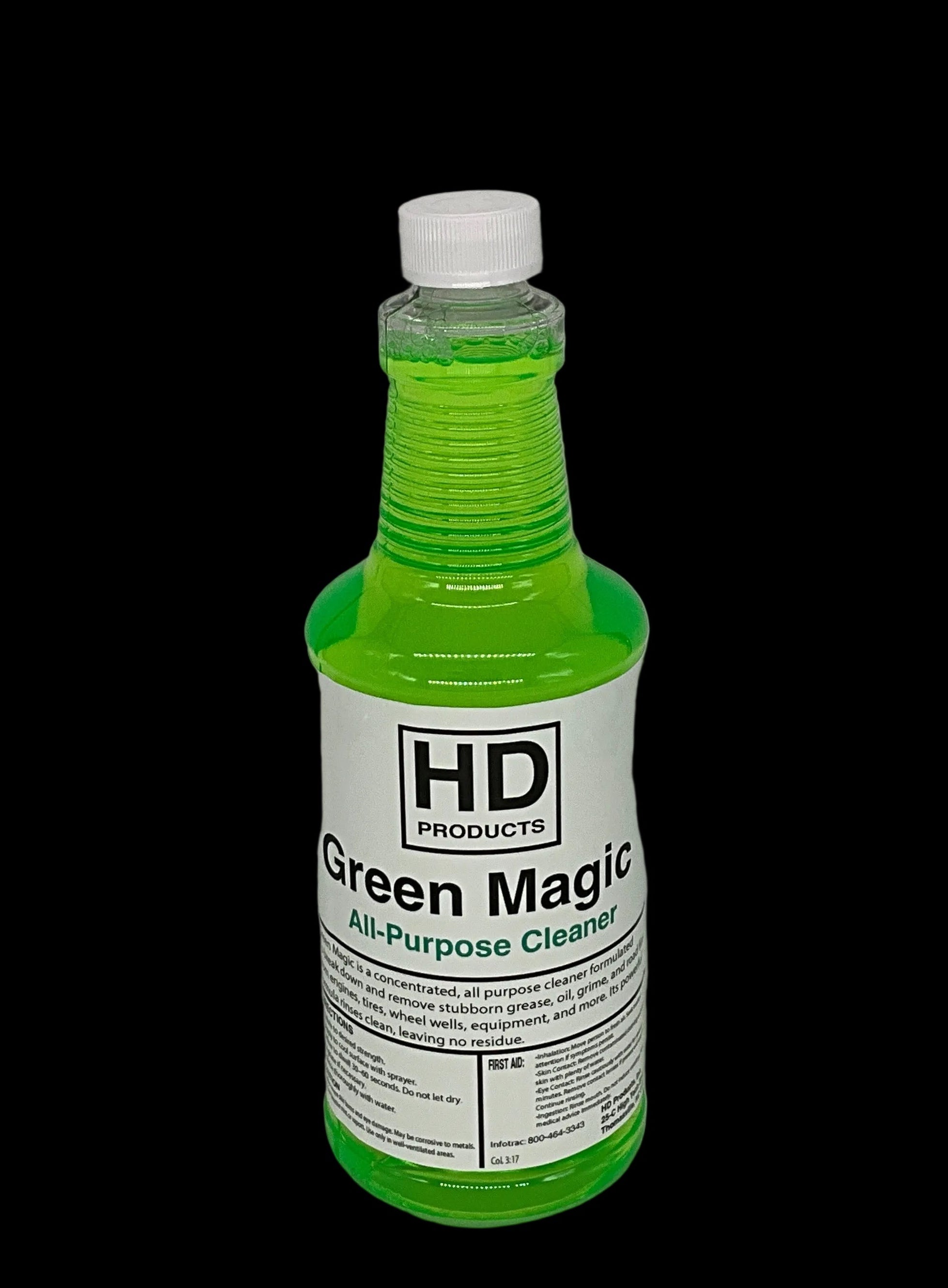32oz Bottle of HD Green Magic All-Purpose Cleaner on a black background