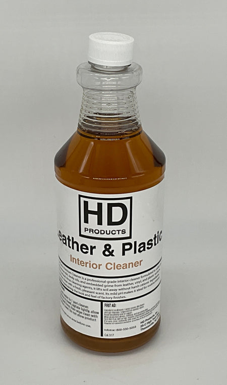 32oz Bottle of HD Products Leather & Plastic Cleaner on a gray background