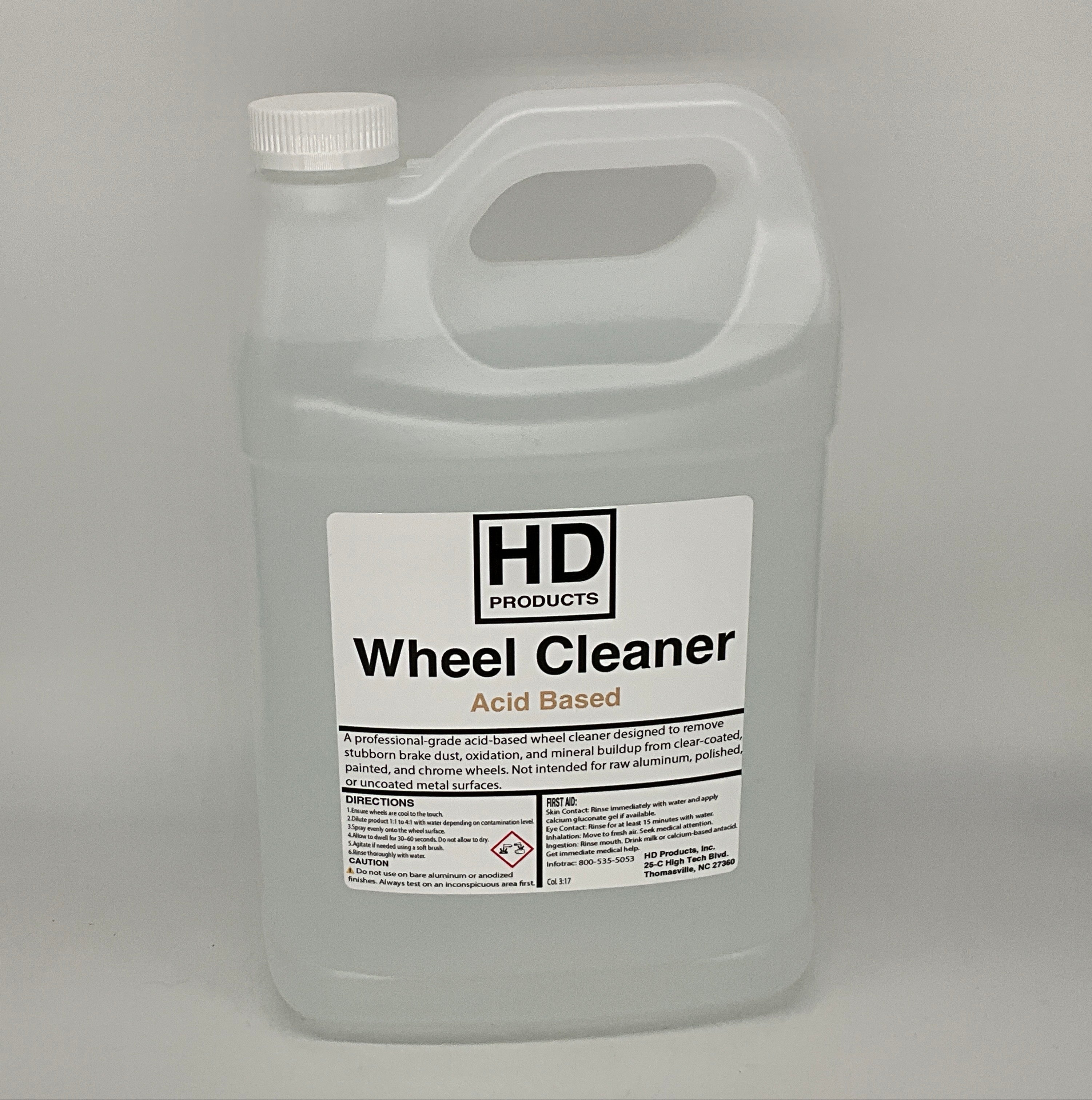 1 gallon HD Products wheel cleaner bottle on a gray background
