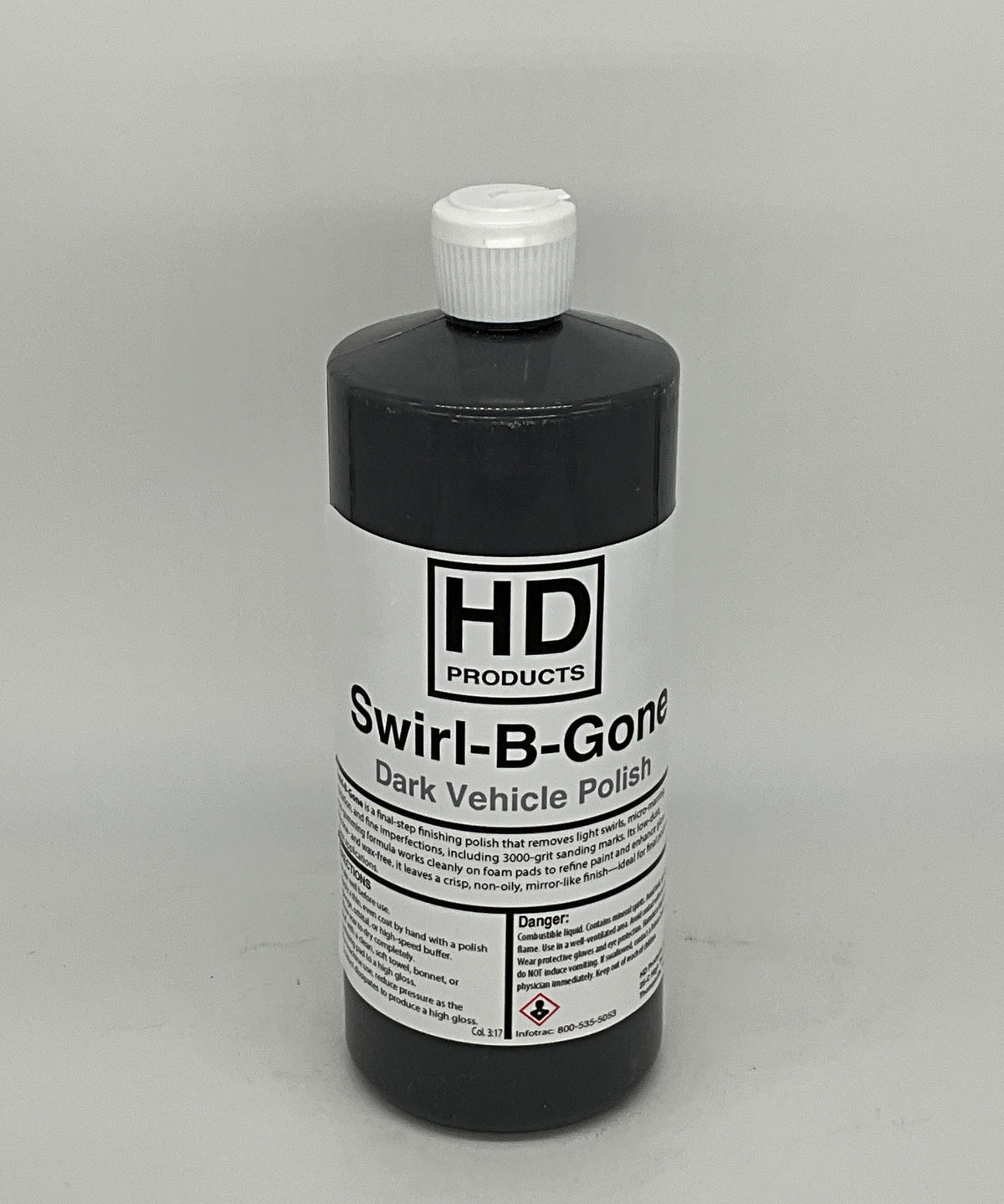 32oz Bottle of HD Products Swirl-B-Gone dark vehicle polish on a gray background