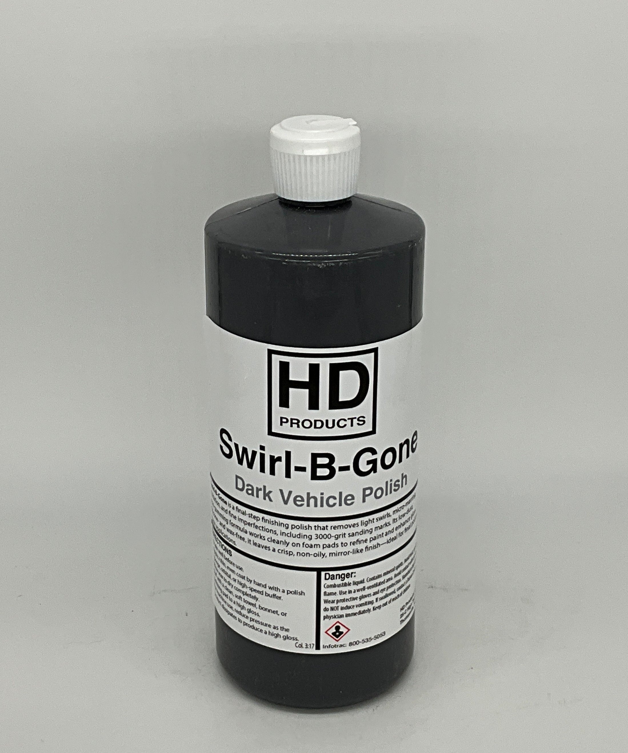 32oz Bottle of HD Products Swirl-B-Gone dark vehicle polish on a gray background