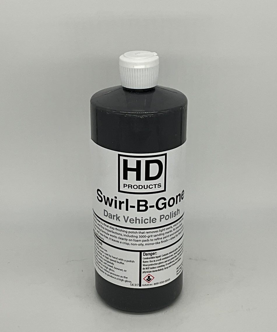 32oz Bottle of HD Products Swirl-B-Gone dark vehicle polish on a gray background