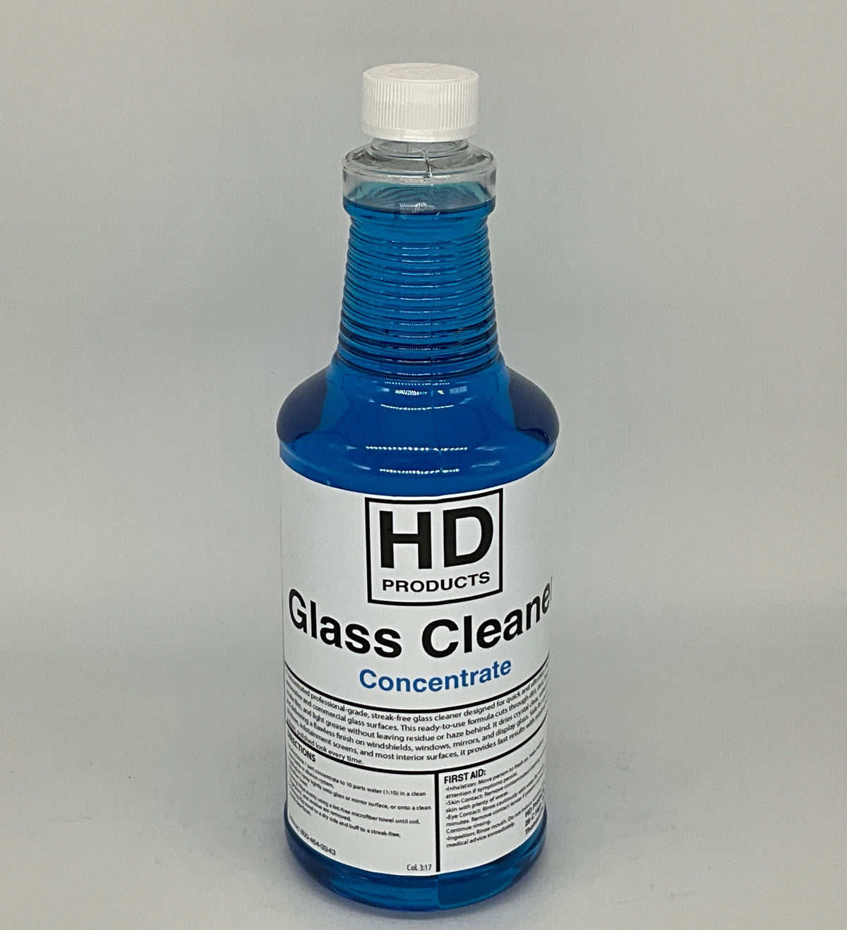 32oz  bottle of HD Products Glass Cleaner  blue on a gray background