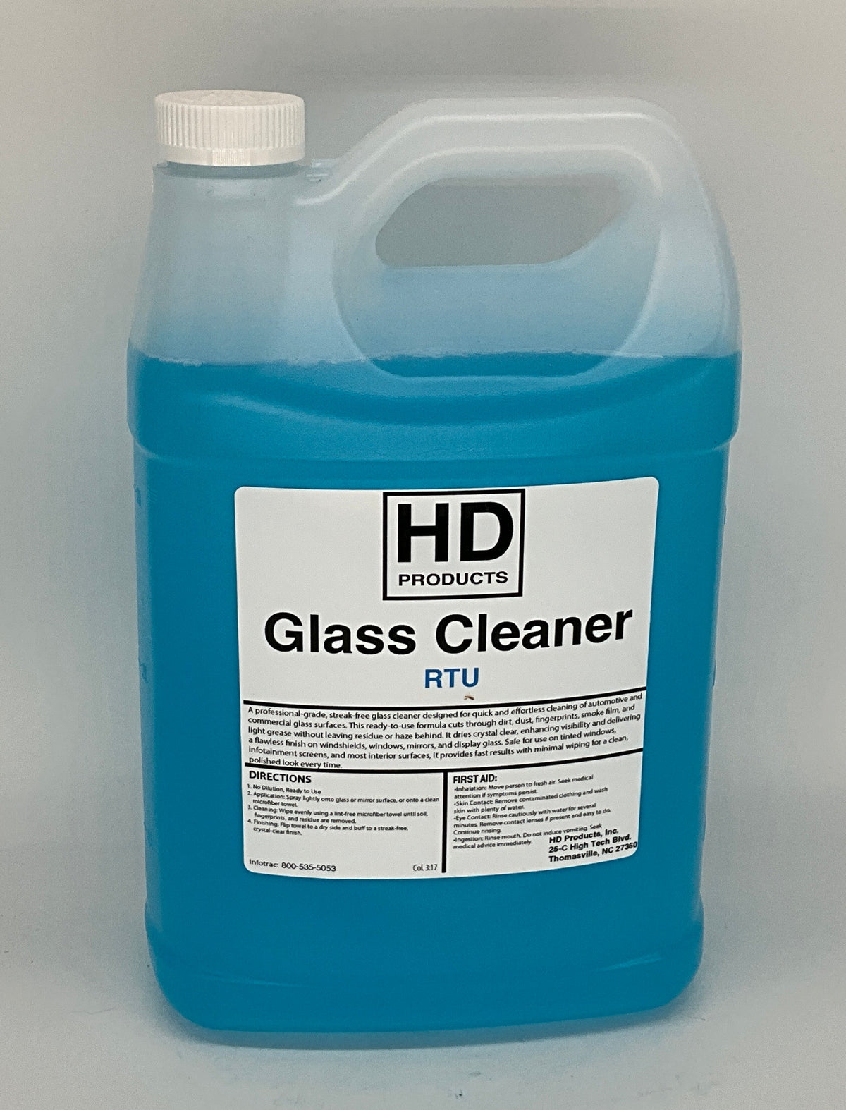 1 gallon HD Blue glass cleaner  ready to us container with a white label on a gray background