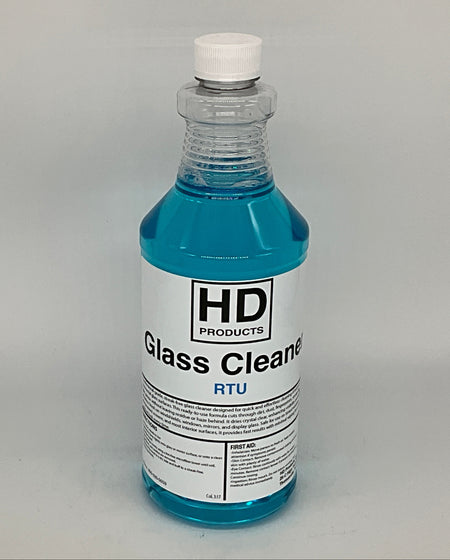 32oz Bottle of HD Products glass cleaner ready to use on a gray background