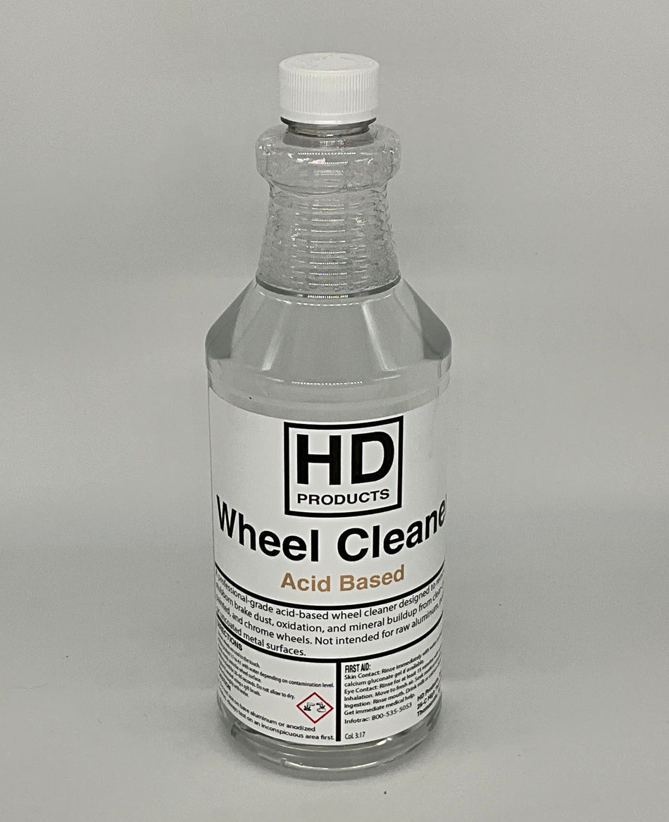 32oz Bottle of HD Products wheel cleaner on a gray background