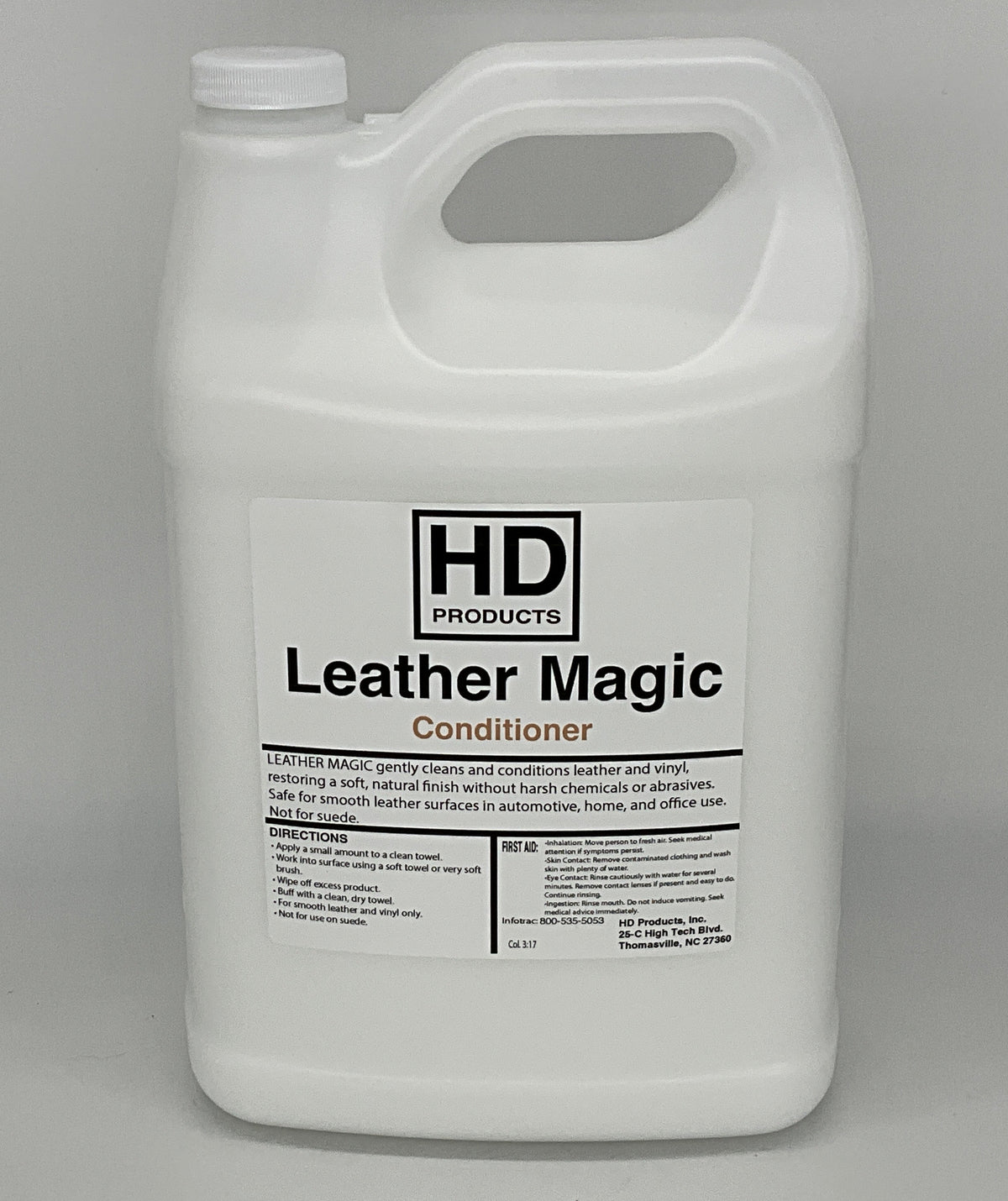 1 gallon White container of HD Products Leather Magic conditioner on a gray background
