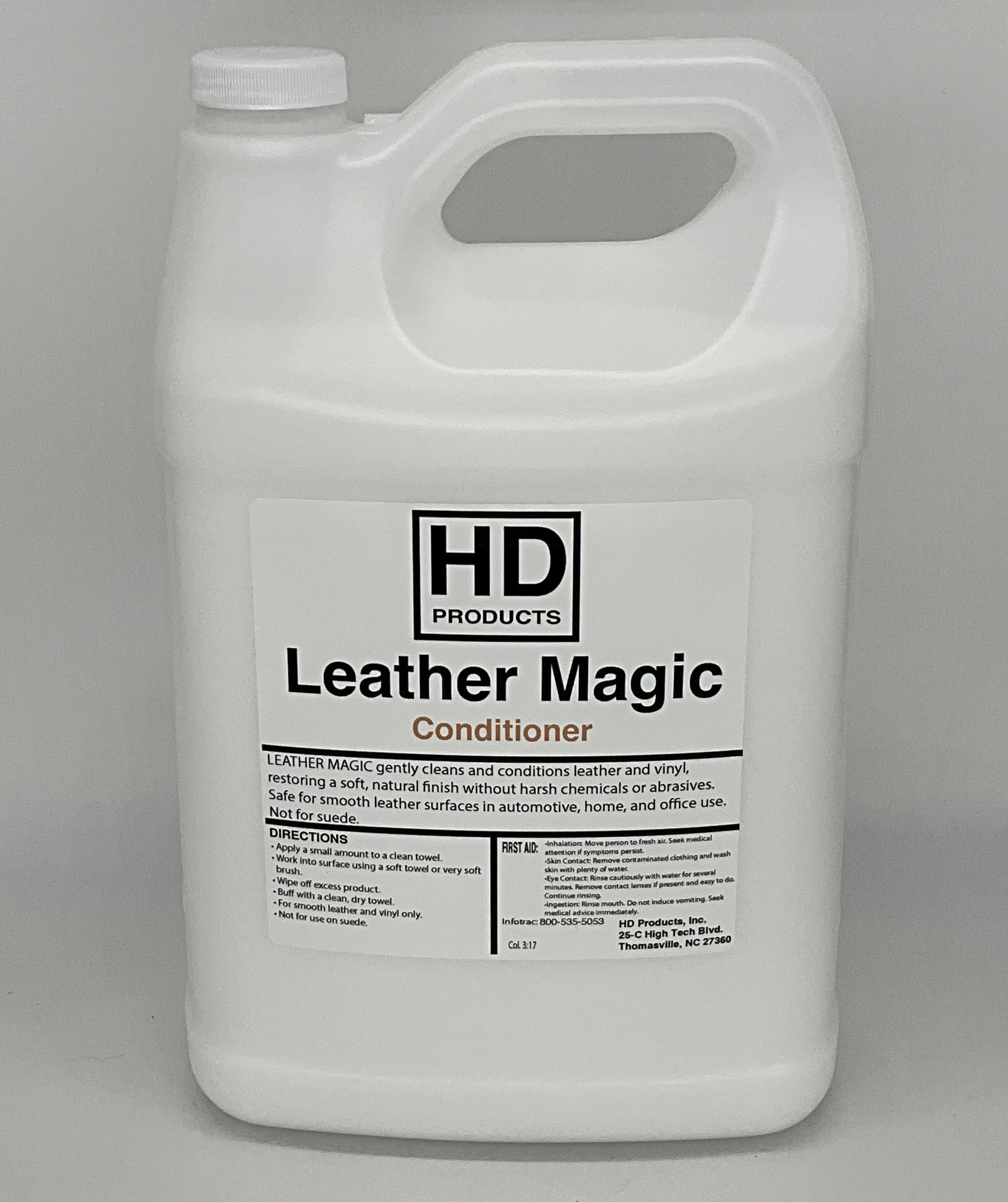 1 gallon White container of HD Products Leather Magic conditioner on a gray background