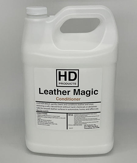1 gallon White container of HD Products Leather Magic conditioner on a gray background