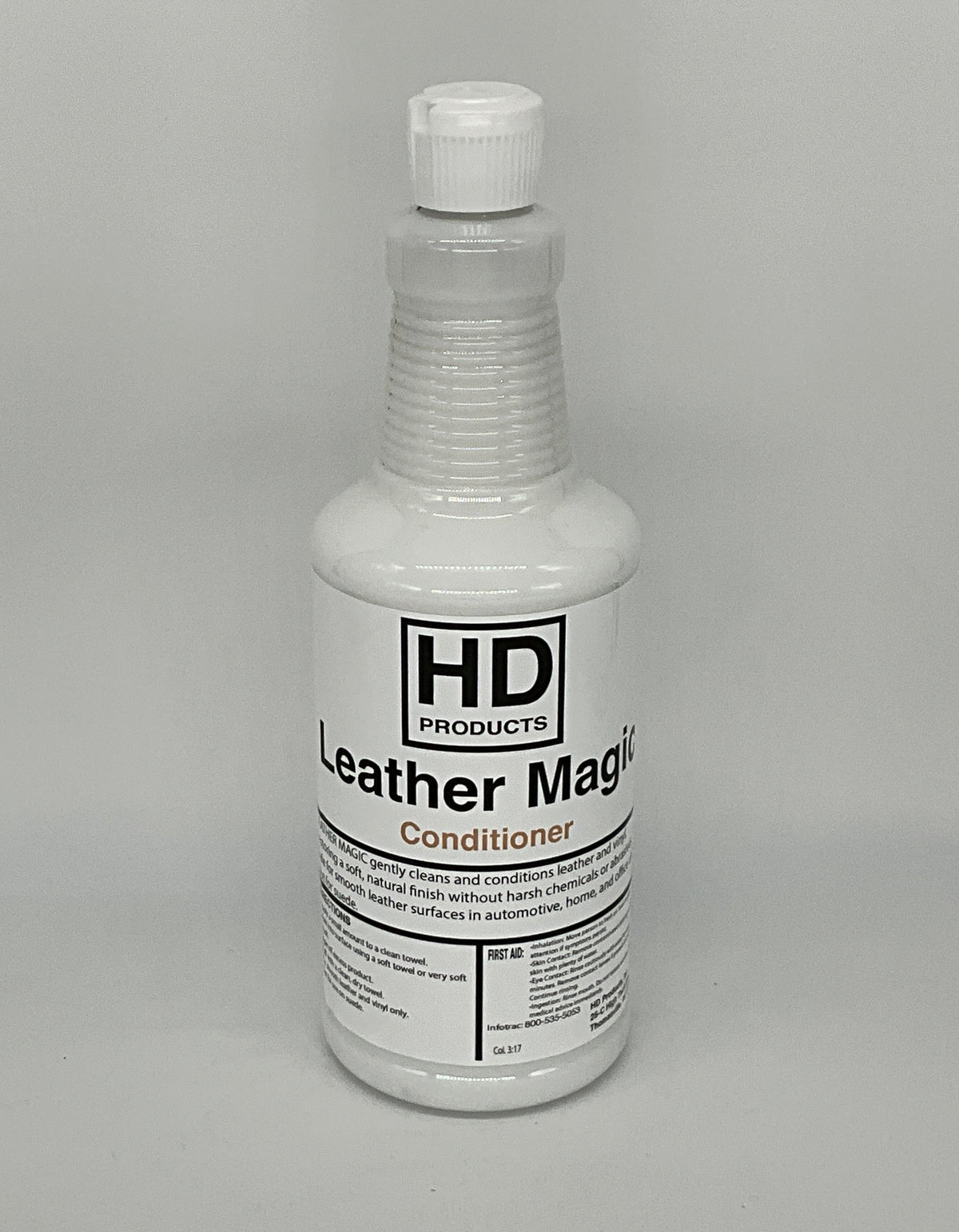 32oz Bottle of HD Products Leather Magic Conditioner on a gray background