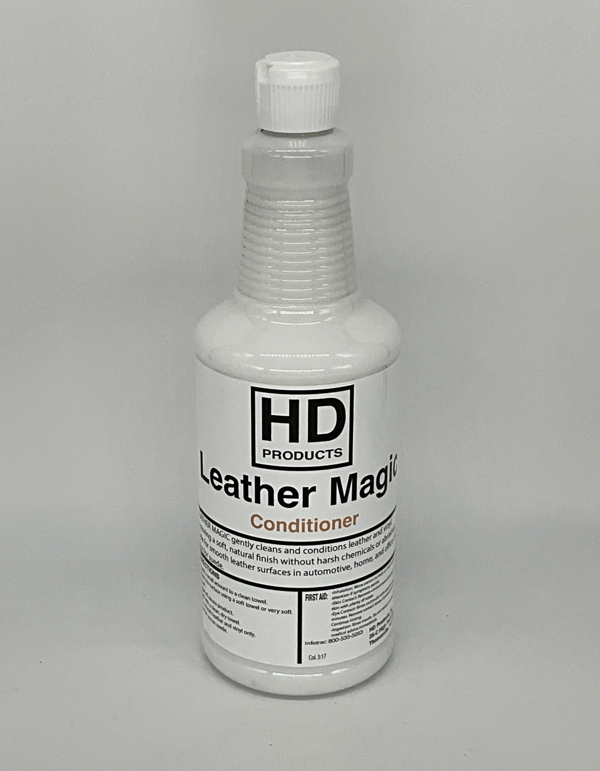 32oz Bottle of HD Products Leather Magic Conditioner on a gray background