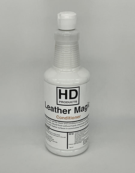 32oz Bottle of HD Products Leather Magic Conditioner on a gray background