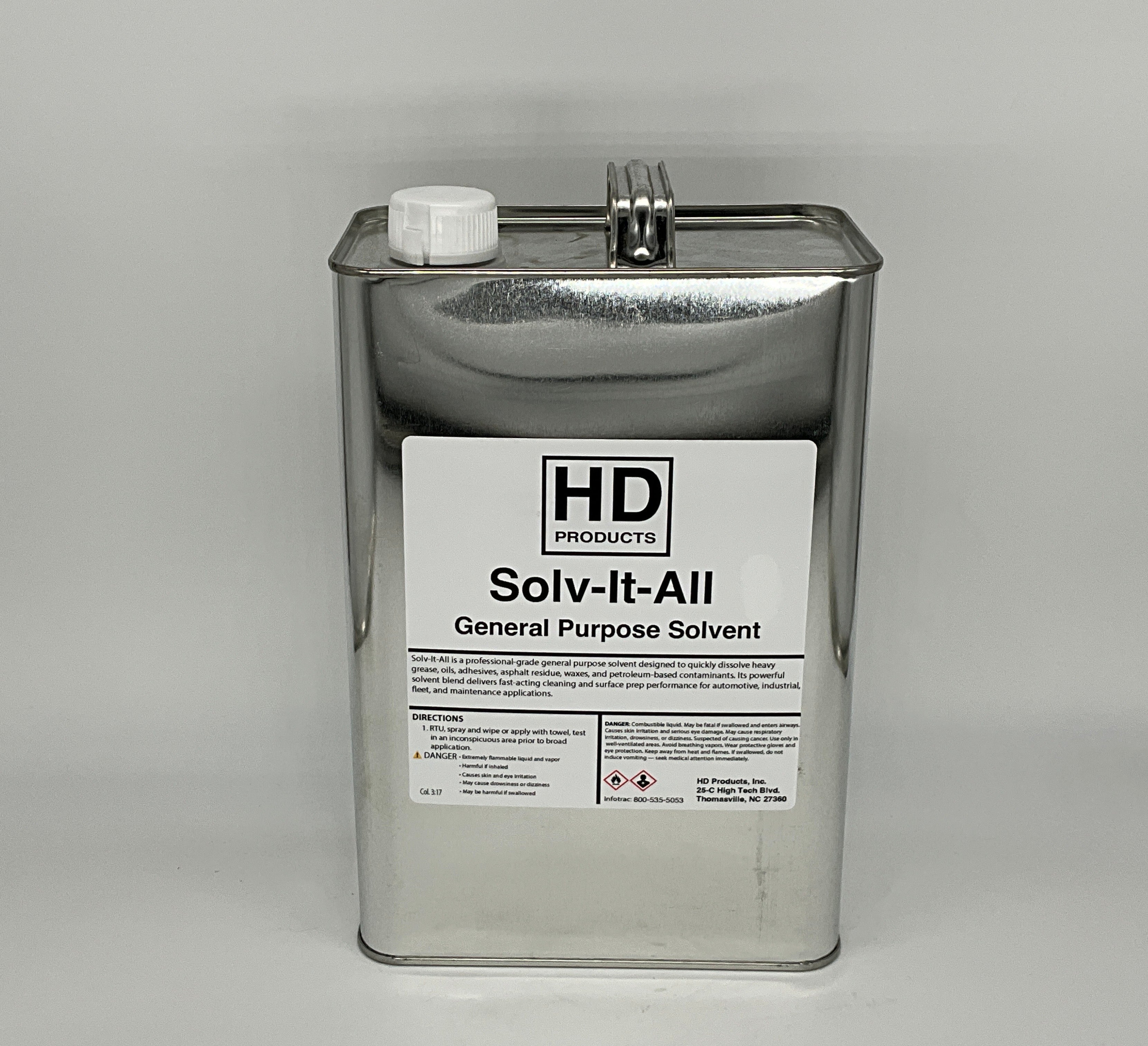 Metal canister labeled 'Solv-It-All General Purpose Solvent' by HD Products on a gray background
