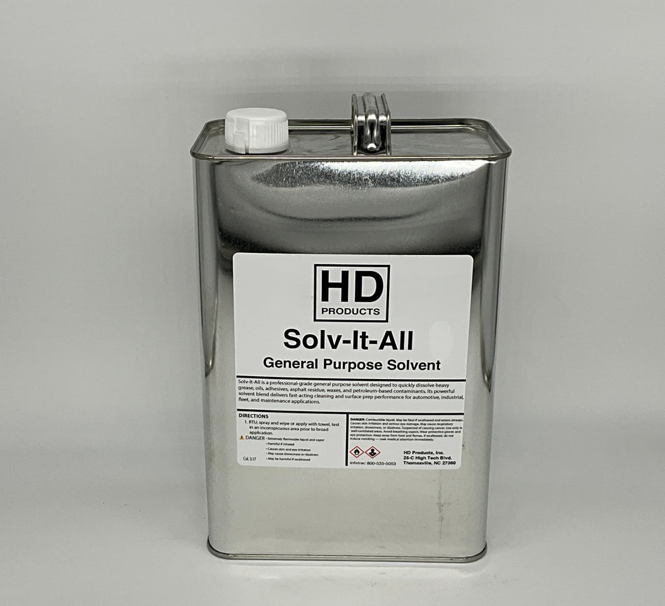 Metal canister labeled 'Solv-It-All General Purpose Solvent' by HD Products on a gray background